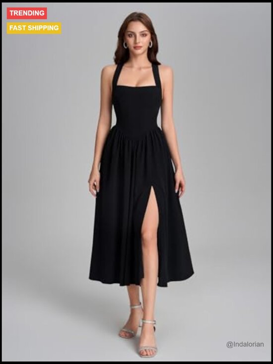 Floral Halter Corset Midi Dress with Smocked Back and Bow Tie - Picture 2 of 6